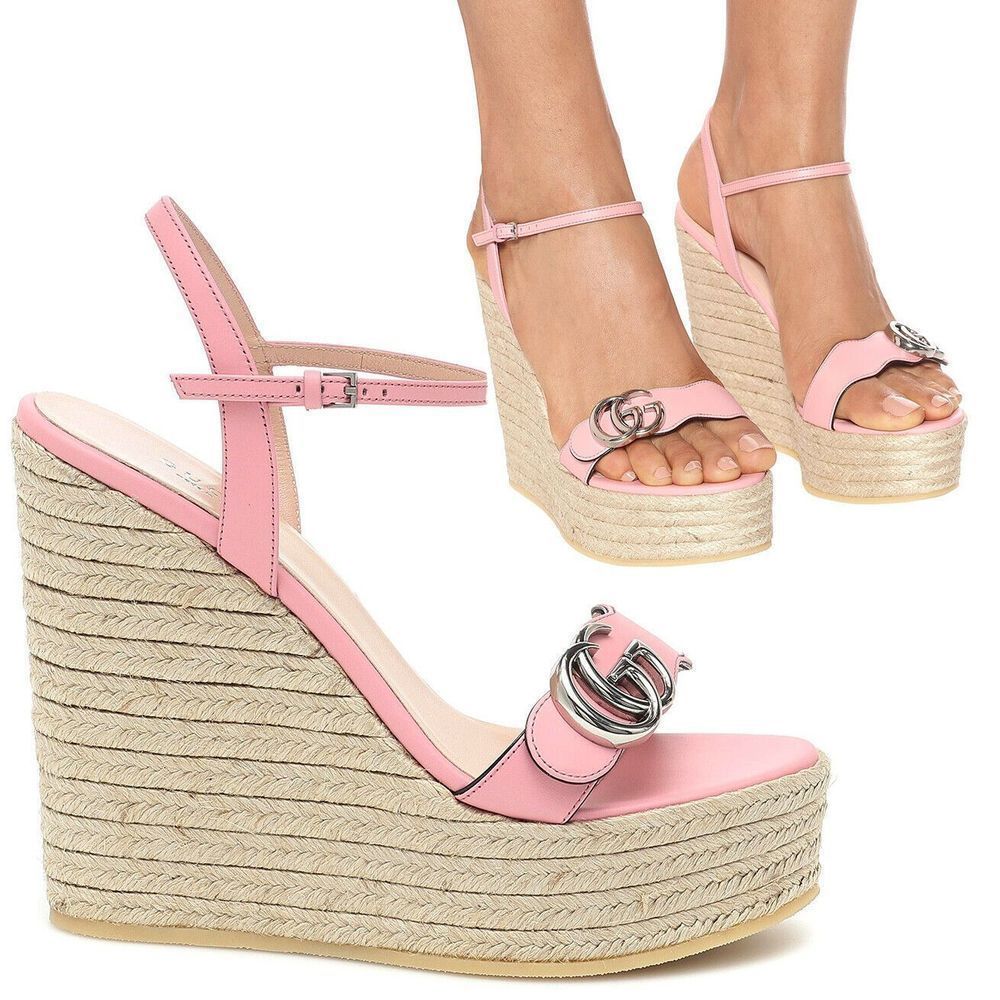 Gucci Aitana Espadrille Platform Wedge Sandals Pink Silver 37.5 NEW
